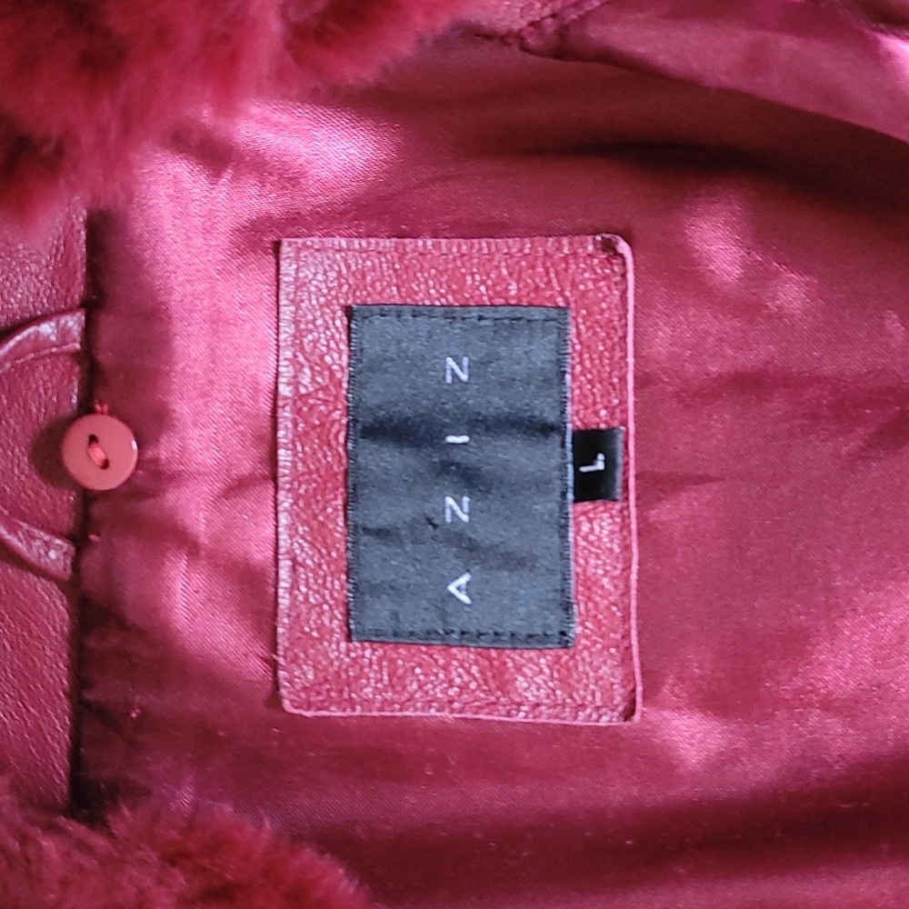 Maroon Leather Fur Collared Jacket - image 3